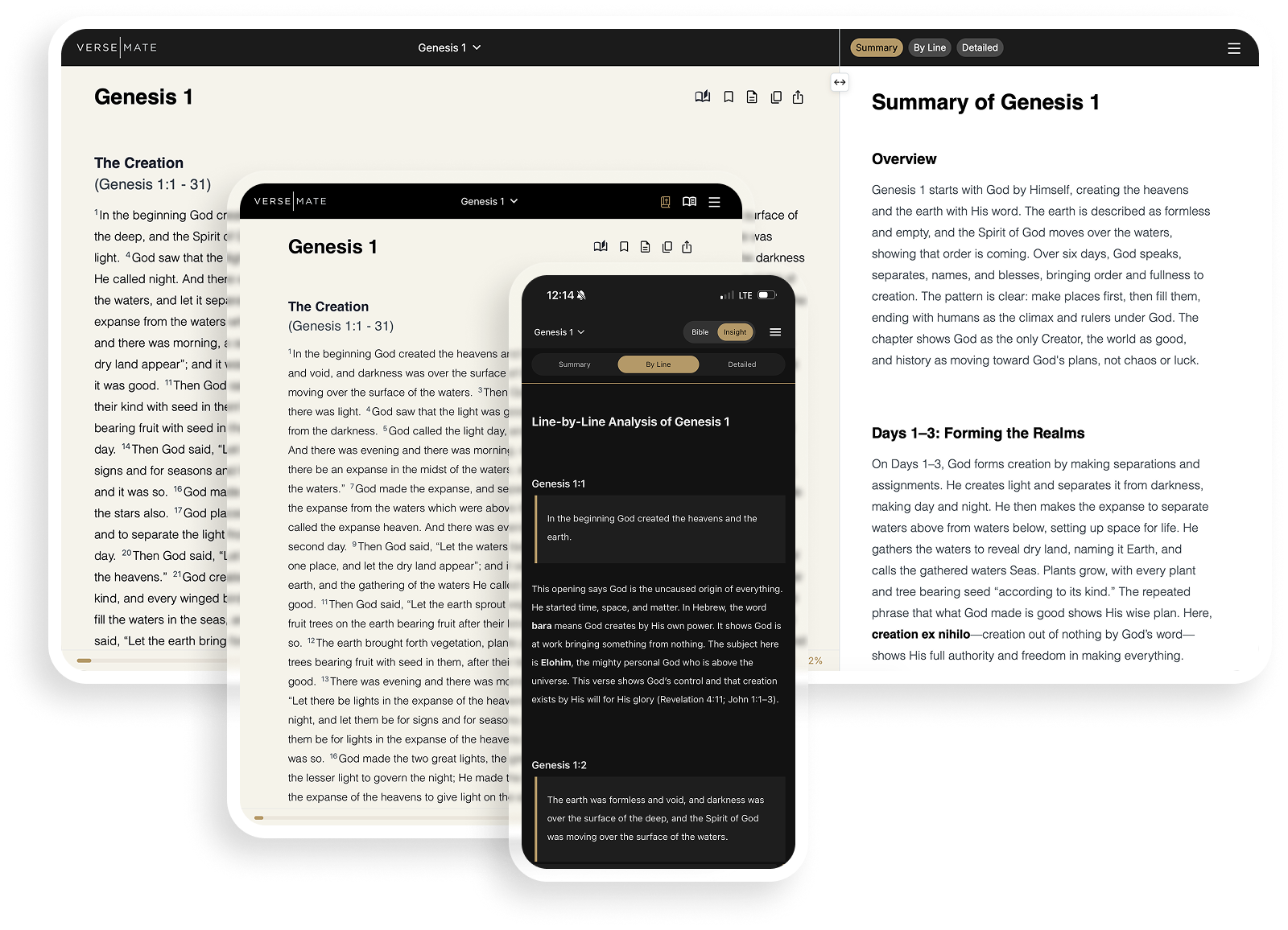 VerseMate showing Genesis 1 across desktop, tablet, and phone — with Summary, Line-by-Line, and Detailed views