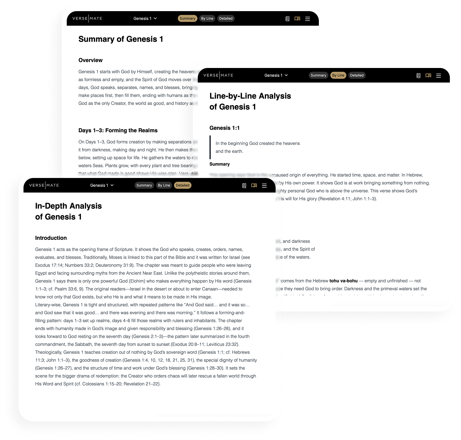 VerseMate's Summary, Line-by-Line, and In-Depth views of Genesis 1